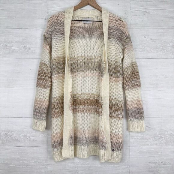 Anthropologie Numph Open Front Long Cardigan XS Stripe Cream Chunky Knit Mohair - Picture 1 of 16